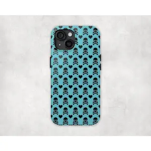 Tough Blue Skully Skull n Crossbones Y2K Emo Goth Aesthetic Smartphone Case, Rubber Shell Phone Accessory for iPhone 11-17 Pro Max & Samsung Galaxy Series (Wireless-Compatible) summerwins,summerwins
