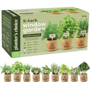 PLANTER'S CHOICE 9-Herb Indoor Window Garden Kit - Plastic Planter, Soil Discs & Heirloom Seeds for Fresh Culinary Herbs,