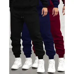 3pcs Men's Solid Color Casual Jogger Sweatpants, Soft Autumn Winter Athletic Track Pants, Comfortable Outdoor Cuffed Drawstring Pants For Sports Outdoor Activities