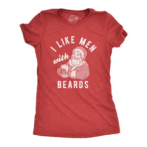 Womens I Like Men With Beards T Shirt Funny Christmas Santa Claus Beer Graphic Tee Funny Womens T Shirts Cute Vintage Fashion Casual Ladies T-Shirt Gift Christmas Tops for Women Women's Novelty Tees Red