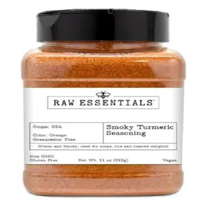 Raw Essentials Smoky Turmeric Seasoning - Warm and Smoky Flavor - Ideal for Soups, Rice and Roasted Delights - Non GMO, Gluten Free, Vegan Seasoning - 11 Ounce Bottle