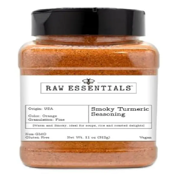 Raw Essentials Smoky Turmeric Seasoning - Warm and Smoky Flavor - Ideal for Soups, Rice and Roasted Delights - Non GMO, Gluten Free, Vegan Seasoning - 11 Ounce Bottle