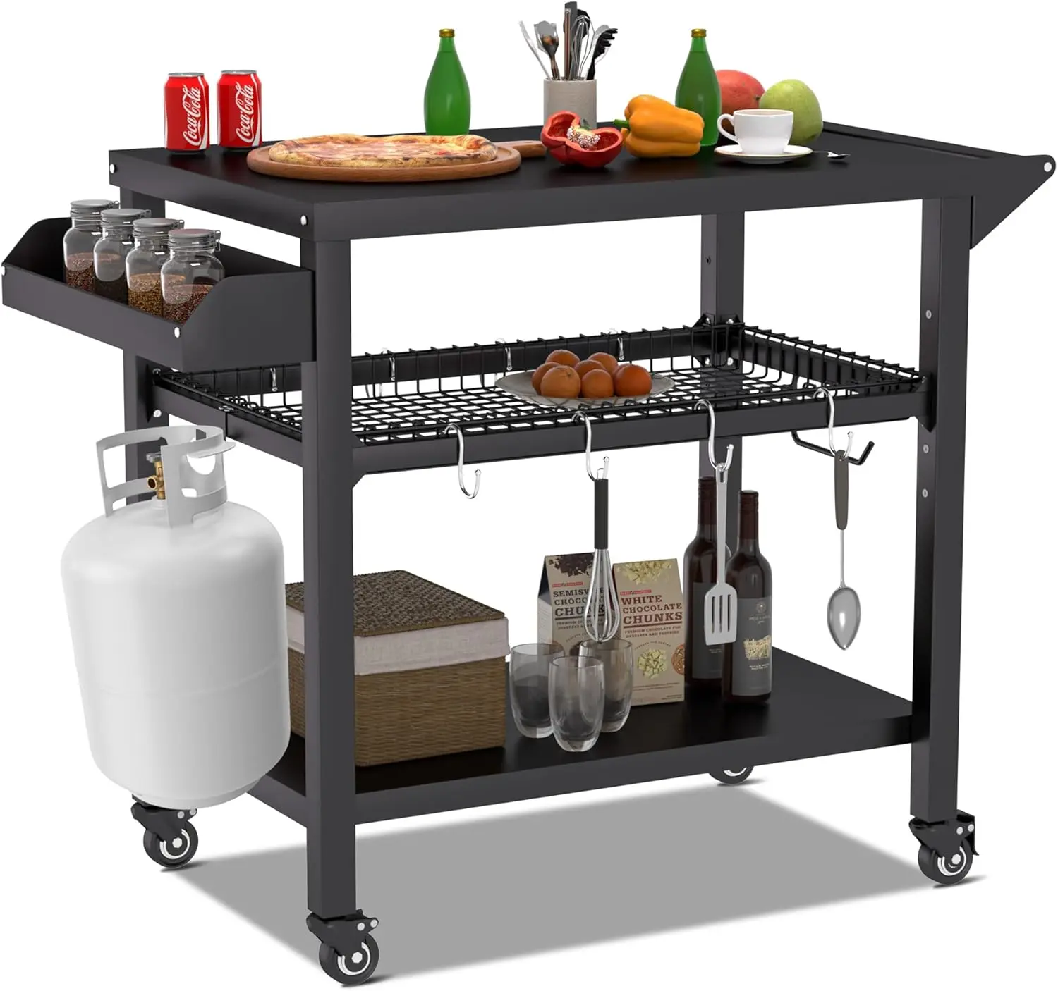 Spurgehom Outdoor Grill Cart with Wheels for BBQ and Pizza Oven, Movable Kitchen Prep Table with Mesh Racks, Cooking Cart for Home Party, Bar, Camping summervibes Barbecue Cart Water Proof homeessentials