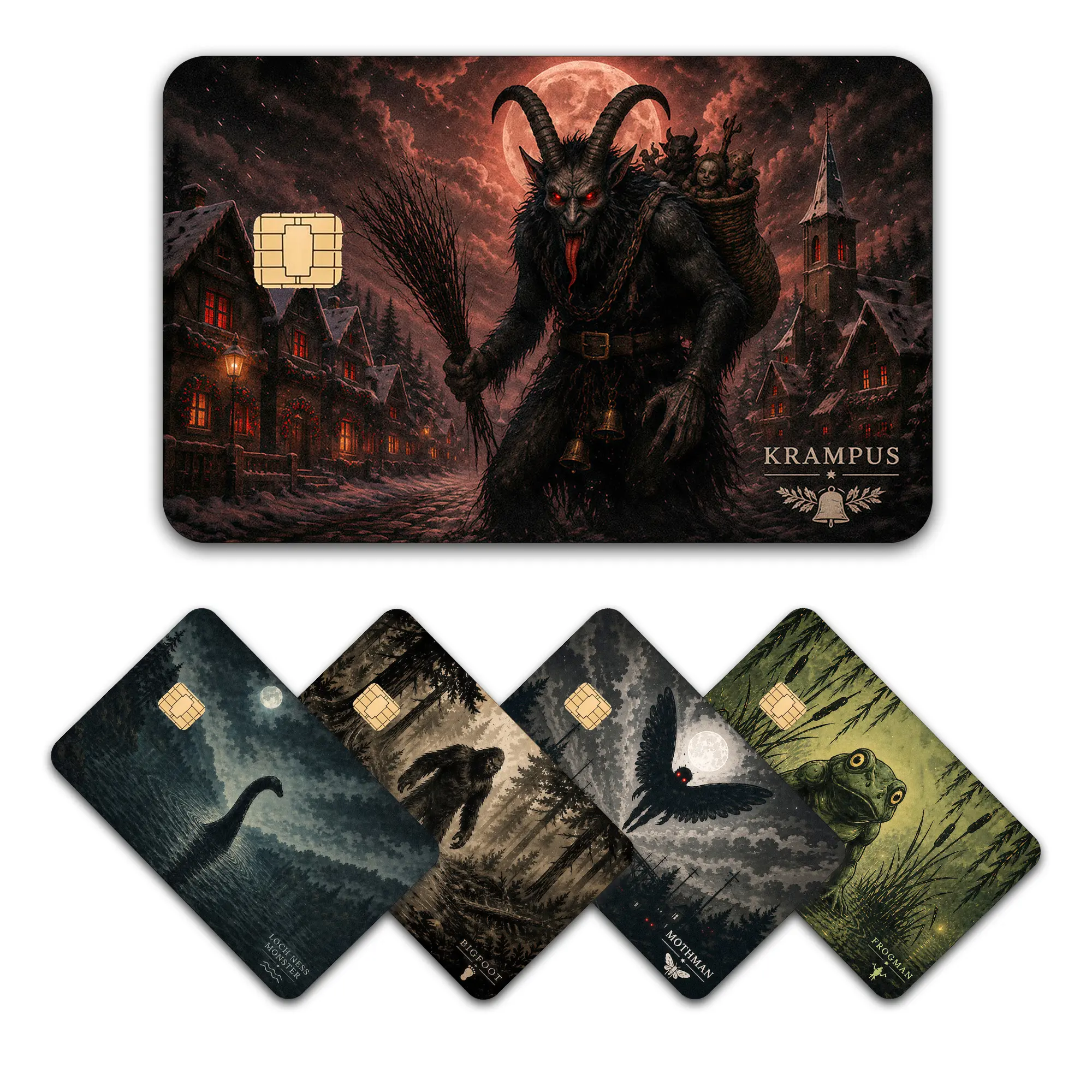 Cryptid Credit Card Skin Sticker, Folklore Mythical Characters Card Cover, Cryptidcore Art Weirdcore Premium Vinyl Sticker with Water Resistant Features, Monstrous Cryptid Lover Gift
