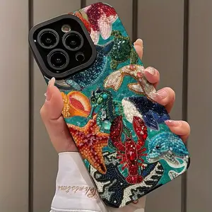 Ocean Theme Pearl Embroidery Design Shockproof Ultra-Thin Phone Case Protector for iPhone 16/15/14/13/12/11 Plus Pro Max, Dust-Proof and Beautiful Gift for Girlfriend Boyfriend Friend