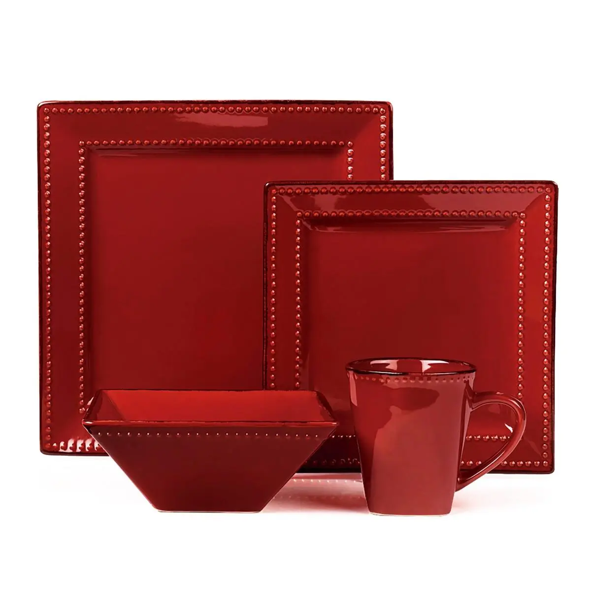 212 MAIN Sturdy 16-Piece Square Beaded Red Stoneware Tableware Set - Double Beads, Plates, Bowls, Mugs, Dishes Set, Tableware Sets