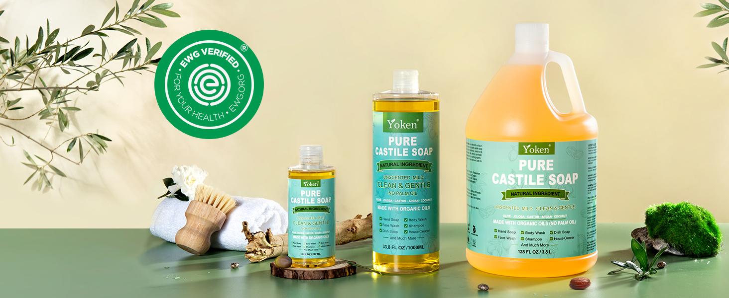 Yoken Pure Castile Liquid Soap Organic (EWG Verified, Unscented, 8 OZ), Made with Organic Oils, No Added Fragrance, Vegan, Castile Soap Liquid for Face, Laundry, Dishes, Sensitive Skin, Travel soaps