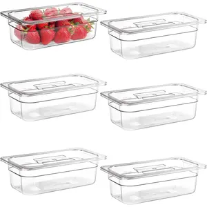 6 Pack Plastic Clear  Pans with Lids, 1/3 Size 4 Inch Deep Stackable Commercial Polycarbonate Pans for Kitchen Restaurant  Prep, Freezer-Safe
