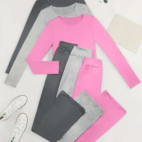Women's Solid Long Sleeve Cropped Top & Flared Leg Pants Matching Set, Casual Fashion Cozy Top & Bell Bottom Trousers Fit for Daily Outdoor Wear, Women's Clothing for Spring & Fall Outfit