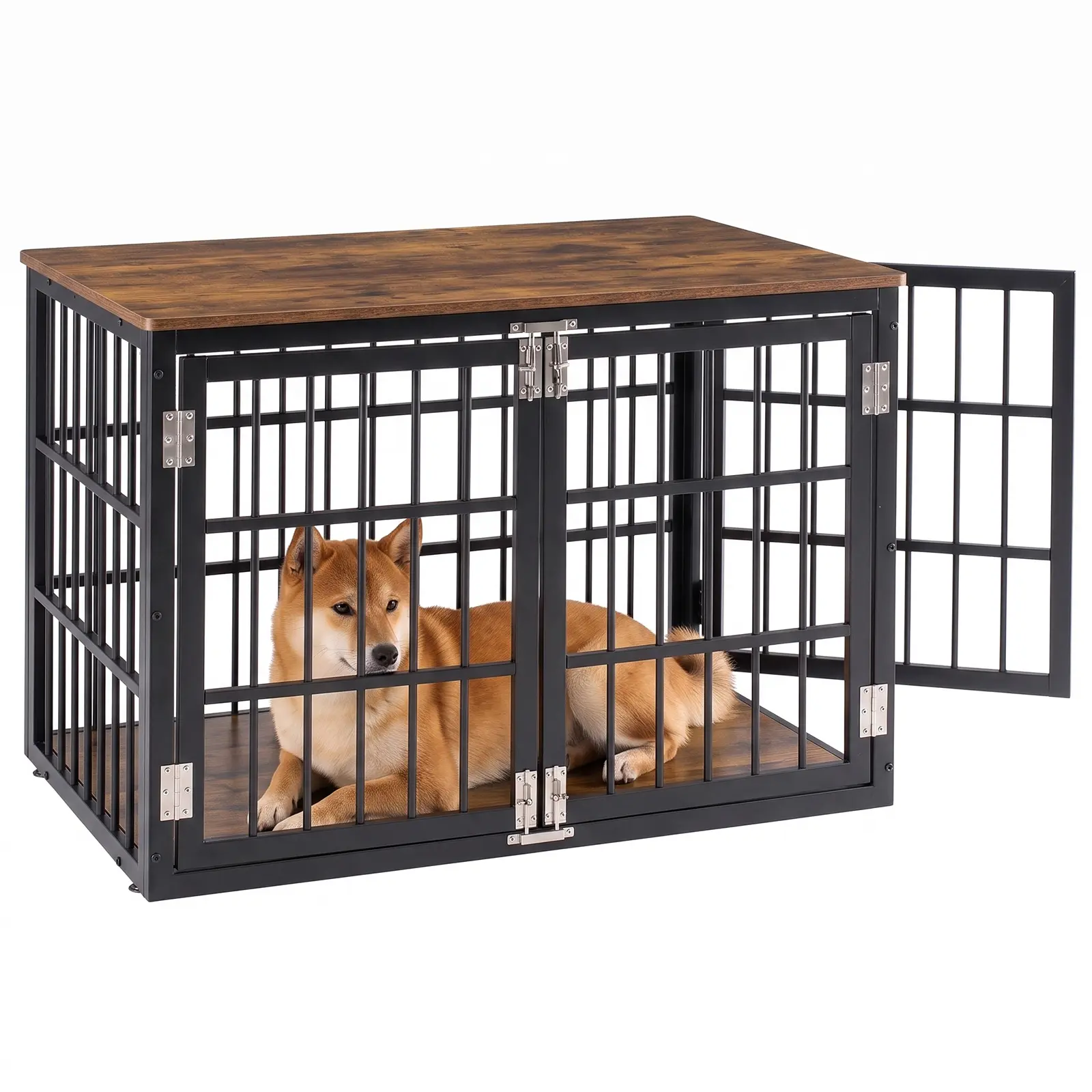 Sweetcrispy 42-Inch Metal Frame Dog Crate Furniture - Heavy-Duty Double Door Indoor Kennel with Locking Latches, Removable Tray, Rustproof Easy-Clean Design, Solid Top for Medium-Large Breeds, 42"L X 30"W X 30.3"H