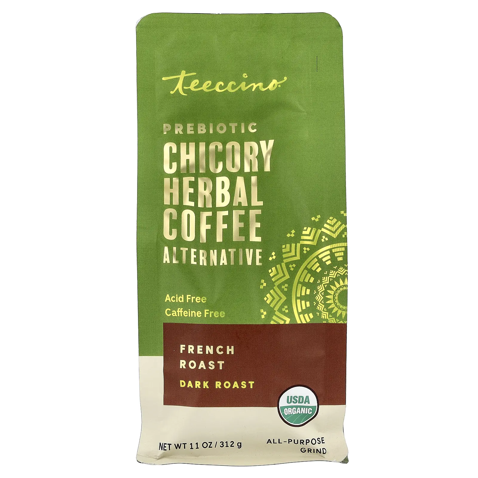 Teeccino Prebiotic Chicory Herbal Coffee Alternative, French Roast, Dark Roast, Caffeine Free, 11 oz (312 g)