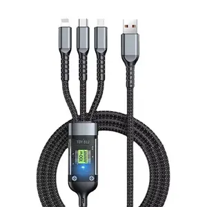 100W Multi Charging Cable 3 in 1 Multi USB Charger Fast Charging Cable Transparent With LED Indicator Nylon Braided Multiple Charger Adapter Cord With Type C Micro USB Port For Cell Phones Tablets