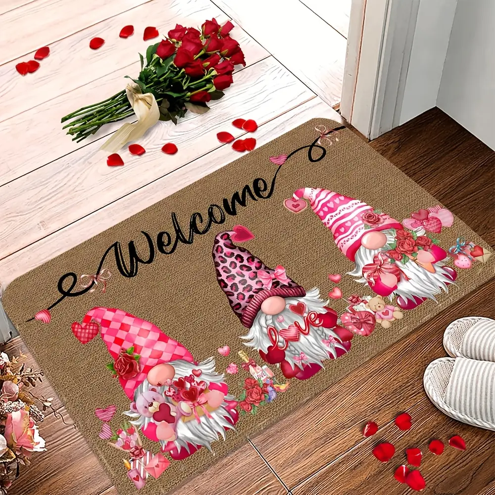 Valentine's Day Cute Dwarf Fluffy Modern Doormat - Non-slip, Soft Welcome Mat with Red Roses, Heart Patterns, Ideal for Indoor Home Entrances, Gardens, Perfect for Holiday Decoration, Fluffy Modern Rug, Decorative Area Rug