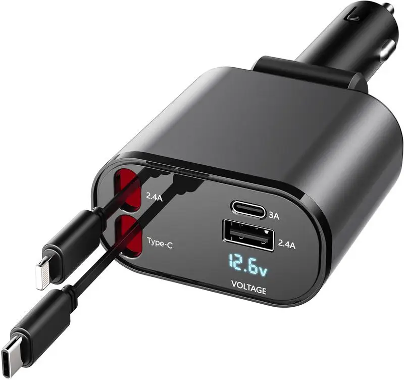 4 in 1 Retractable Car Charger USB C Fast Charging AdapterMax100W with Lightning CableDual Charge Port Compatible with iPhoneiPadAirPodsSamsung 4 in 1 Retractable Car Charger USB C Fast Charging AdapterMax100W with Lightning CableDual Charge Port Compatible with iPhoneiPadAirPodsSamsung