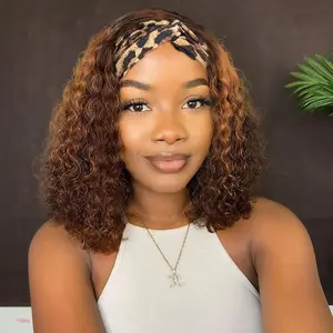 Ombre Deep Wave Headband Wig Human Hair #4/27 Curly Headband Wigs for Black Women Human Hair Glueless None Lace Front Wigs Brazilian Virgin Hair Wig Machine Made 150% Density 12 Inch