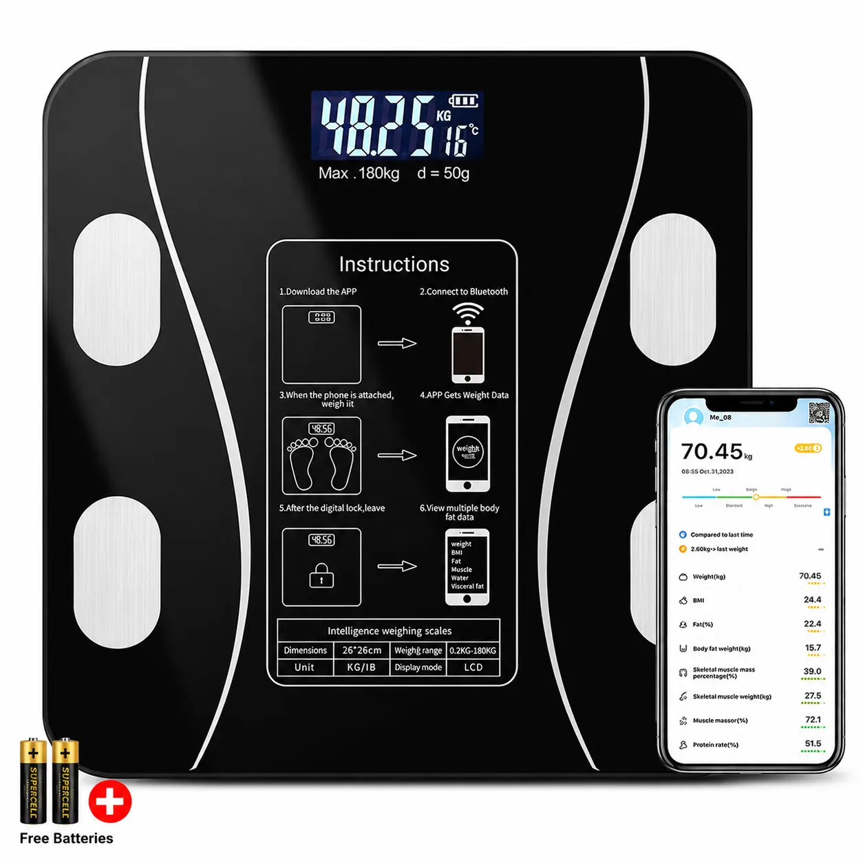 Smart Scale for Body Weight, Digital Bathroom Scale BMI Weighing Bluetooth Body Fat Scale, Body Composition Monitor Health Analyzer with Smartphone App, 400 lbs with 2 free Batteries