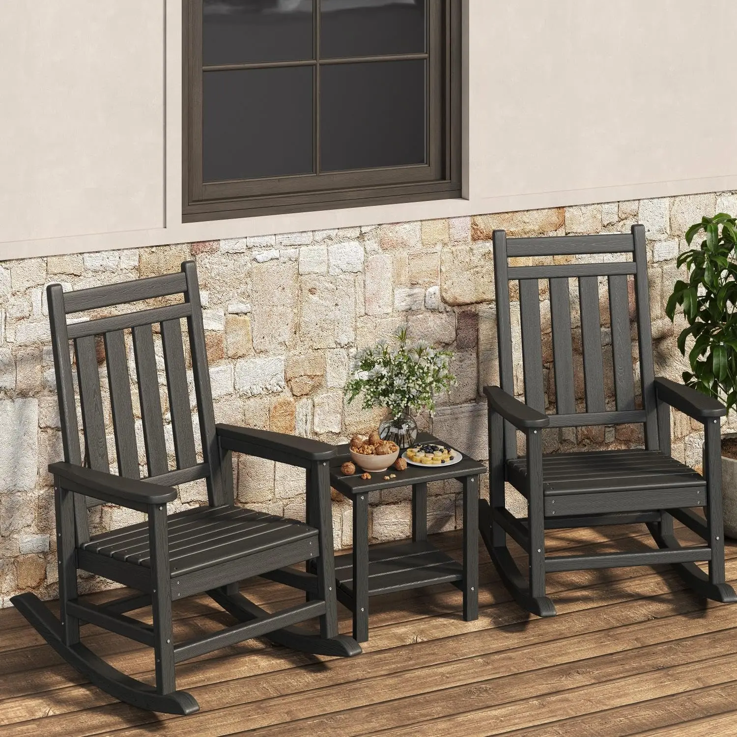 Rocking chair, HDPE Poly high backrest adult rocking chair, all-weather furniture for Outdoor courtyard front porch/backyard/garden(One piece, one box)
