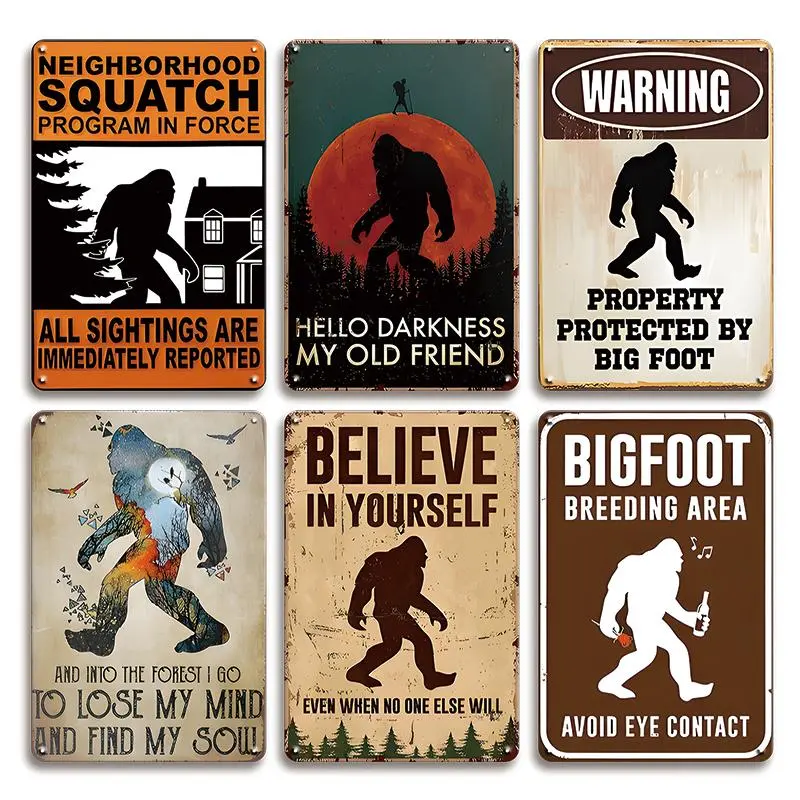 Big Foot Warning Sign, 6 Count Vintage Tin Sign, Wall Decor for Home Living Room Bedroom Study Room Toilet Coffee Shop