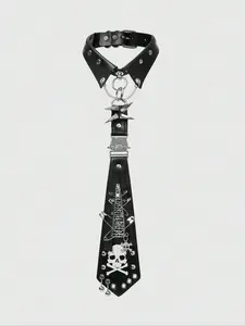 Y2K Punk Style Vintage Rivet Zipper Metal Skull Letter Print Unisex Tie Design Regular Width, Gothic Dark Accessory All Seasons Use, Unique Personalized Decoration Striking Visual Appeal, Bold Print Splicing Production Technique
