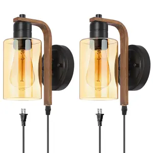 Plug in Wall Sconces Set of Two with Touch Switch Vintage Dimmable Plug in Wall Lights Fixtures with Amber Glass Wall Mounted Bedside Lamps for Bedroom Nightstand Headboard Reading Living Room