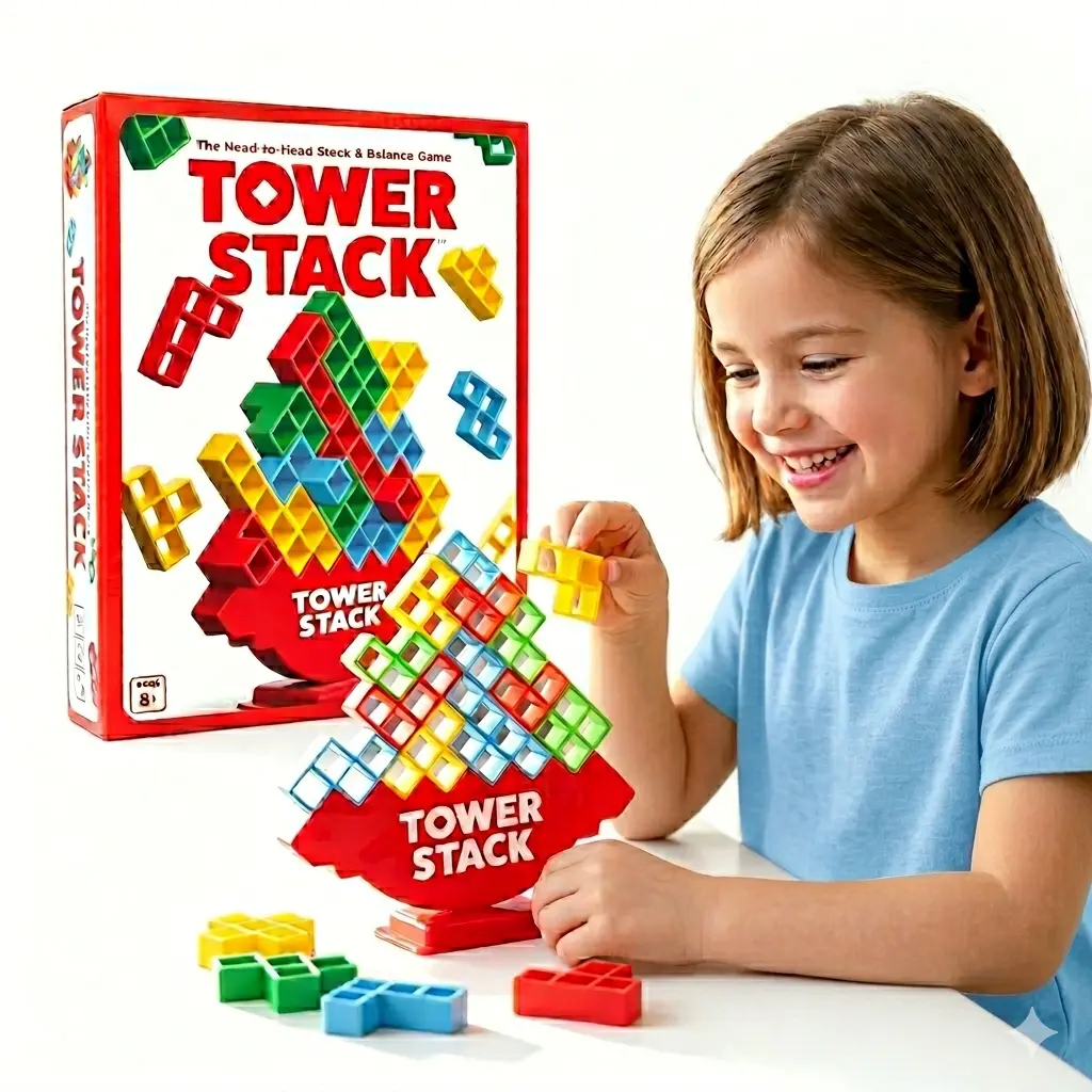 Tower Stack Balance Game - Head-to-Head Stacking Tower Board Game for Family Party, Interactive 2-Player Strategy Table Game for Adults & Kids, Includes 32 Building Blocks, 44 Cards & Stand