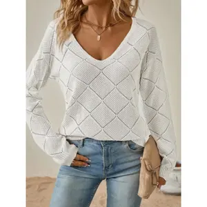 Elegant women’s V-neck pullover, casual long-sleeved wool top, versatile for summer and autumn, perfect for pairing with jeans