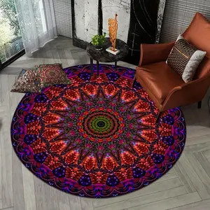 1PC Round Mandala Print Blacklight Rug, UV Reactive Glow Area Non-Slip Rug - For Game Room, Bedroom, Living Room, Outdoor, Doormat, Perfect for Party Decor & Unique Room Decor