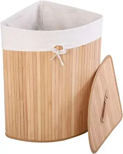 Bamboo Fiber Corner Laundry Hamper with Lid, Removable Liner, Handle, Plain Odor-Free Collapsible Tall Storage Bin for Washing Clothes, Suitable for Bathroom, Bedroom, Corner Shape