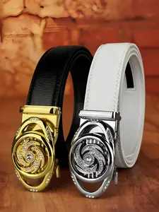 Men's and women's windmill shaped alloy automatic buckle belt with rhinestone decoration, 3.5cm/1.38in wide plain color ratchet belt, length can be cut, stylish design, suitable for young men and women to wear, Valentine's Day gift.