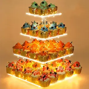 Cupcake Stand with Yellow Led Lights, 4 Tier Cupcake Stand for 50 Cupcakes, Acrylic Cupcake Tower Stand, Clear Tiered Cupcake Holder for Birthday Cady Bar Décor Weddings, Parties Events