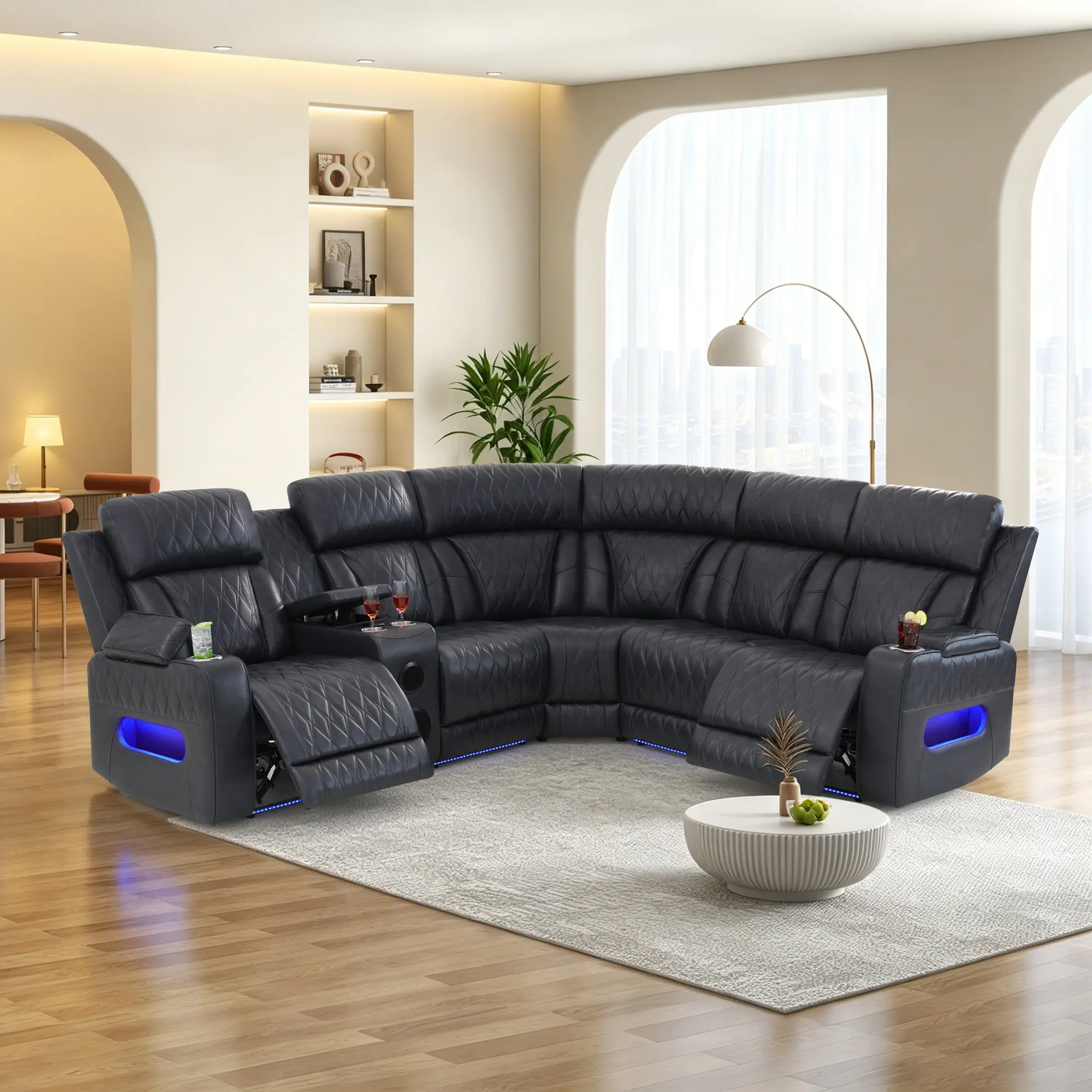 Power Reclining Sectional Sofa with Cup Holders/Storage for Living Room | 5 Seat L-Shaped Recliner Couch with USB Charging / Home Theater Seating / Dark Grey Leather Furniture for House, Apartment
