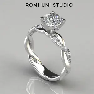 Romi Uni Studio Twist Vine Engagement Wedding Synthetic Moissanite Band Intertwined Crossover Ring with Certificate of Authenticity and Gift Box