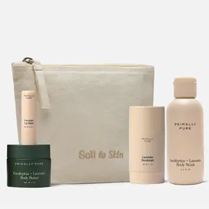 Primally Pure The Jet Set - Winter Scents Travel Trio with Eucalyptus + Lavender: Body Wash, Mini Butter, Deodorant, Lip Balm + Organic Cotton Bag