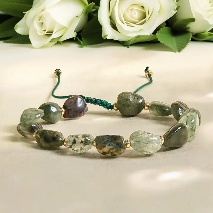 Natural Raw Green Rutilated Quartz Chip Stone Jewelry, Handmade Boho Dainty Adjustable Healing Reiki Bracelet for Women with Aura Cleansing Benefits, Elegant