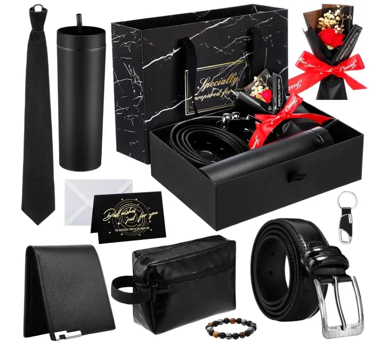 10 Pcs Father's Day Gifts Set, Dad Men Gift Basket Box Kit - 16 oz Tumblers Wallet Tie Belt Anniversary Birthday Present for Him Husband Boyfriend(General)
