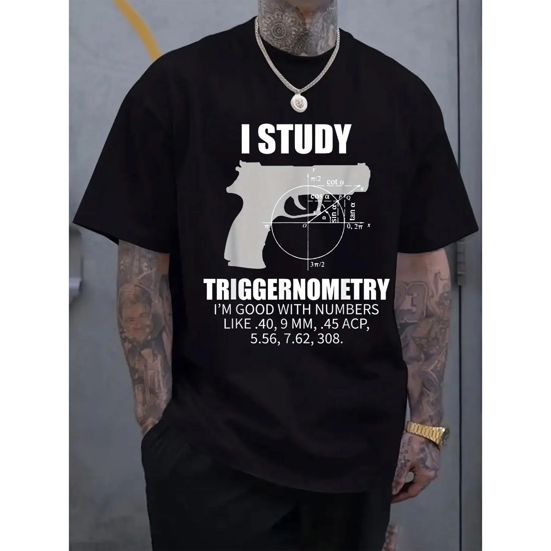 Men's Humorous Firearms Triggernometry Print T-Shirt - Black Casual Short Sleeve Crew Neck Tee for Summer & Spring, Lightweight Polyester Blend, Machine Washable, Humorous Graphic Tee | Playful Graphic Tshirt | Glossy Finish Tee, Gun T Shirt