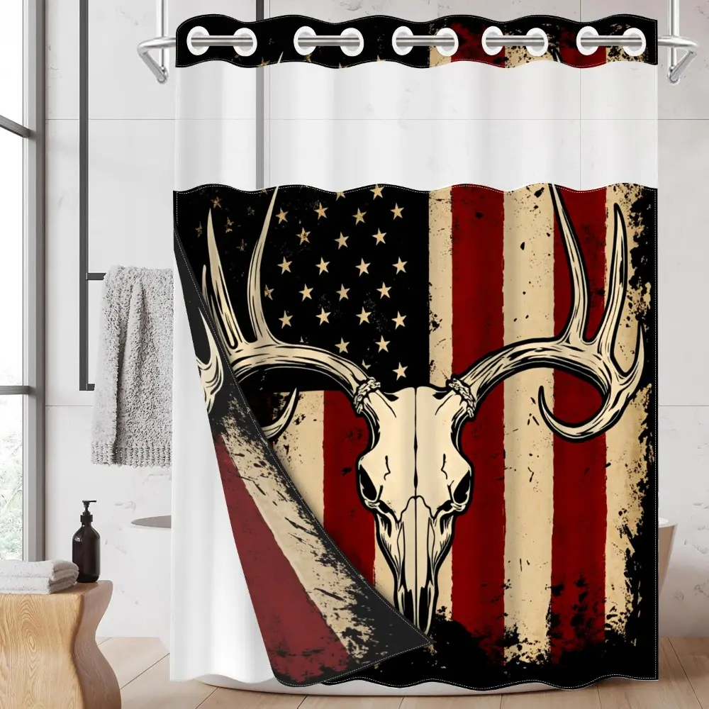 1pc hookless shower curtain with buttoned liner, skull deer head design 2D flat printing, fabric waterproof liner shower curtain with see-through window, double-layer shower curtain, 71 x 74 inches, modern home curtain decoration, Shower Essentials