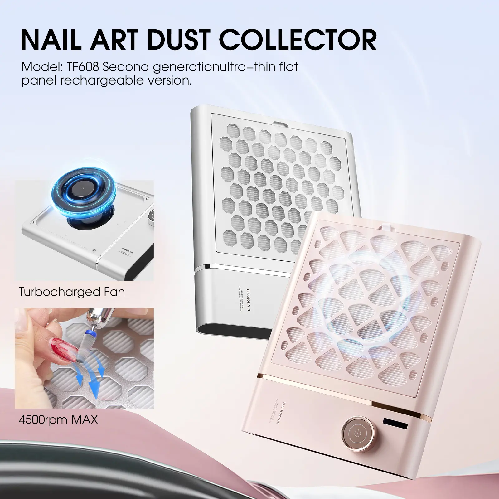Rechargeable Nail Dust Collector with 4 Turbofans, Adjustable Suction, and Removable Filter - Lightweight, Low Noise Manicure Tool with Stainless Steel Baffles for Salon Techs, Nailcare, Nail Tech Supplies, Diy Nails At Home