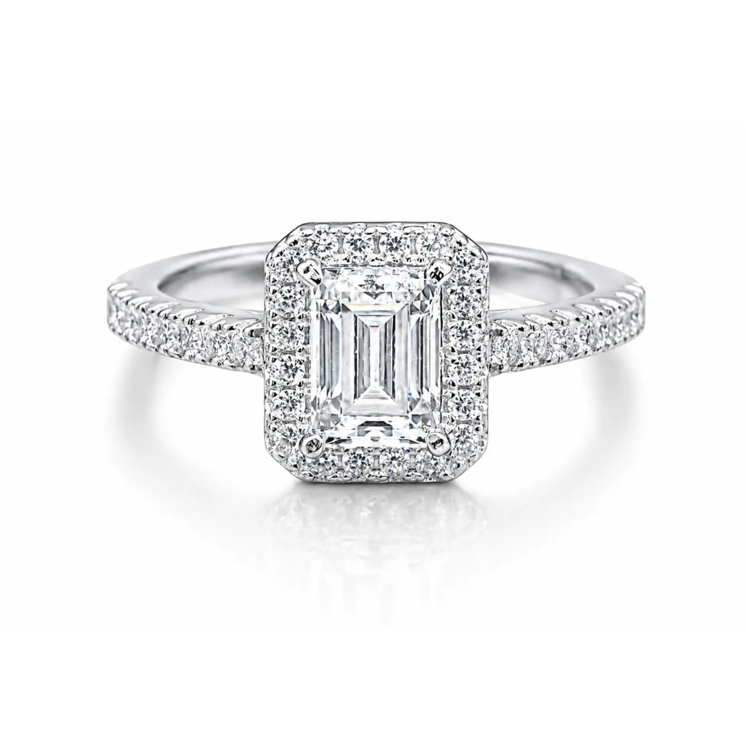 Emerald Cut Wedding Engagement Ring for Women in 925 Sterling Silver, 2ct Elongated Halo Moissanite, VVS1 D Color, GRA Certified, 2Ct Emerald Cut Moissanite, Brilliant Halo, Adults