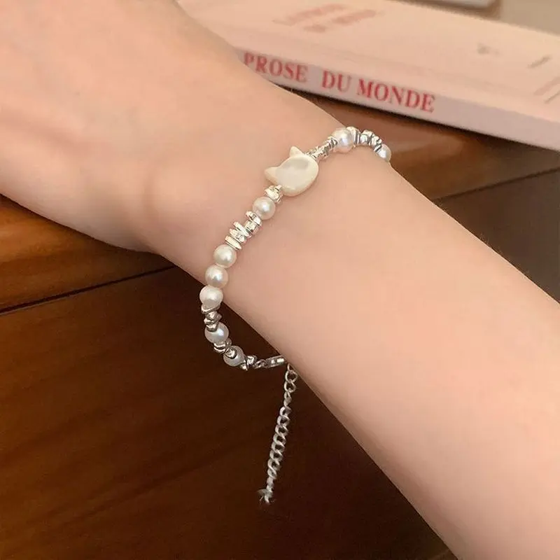 Hand Strung Pearl & Irregular Silver Bead Bracelet, Luminous Cat Head Charm Adjustable Dainty Stackable Wristband