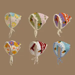(1 Pack) French Headscarf Vintage Knit Triangle Crochet Floral Bandana for Women Boho Cottagecore Hair Kerchief Handmade Hollow Out Tie-Back Headband for Beach Daily Wear