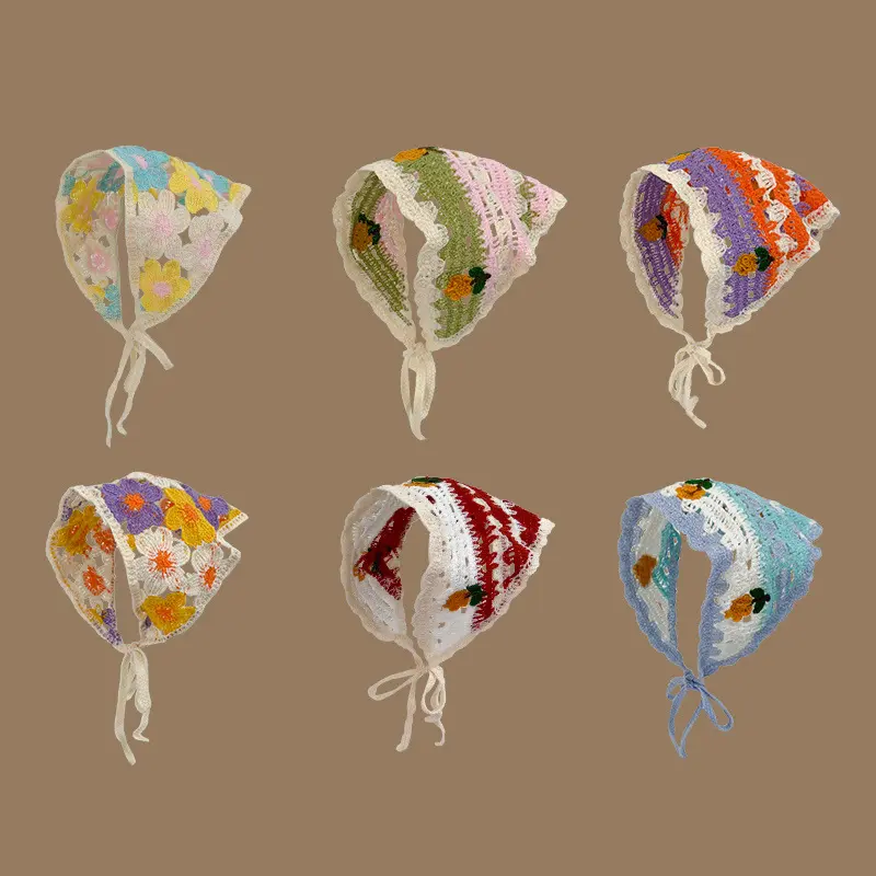 (1 Pack) French Headscarf Vintage Knit Triangle Crochet Floral Bandana for Women Boho Cottagecore Hair Kerchief Handmade Hollow Out Tie-Back Headband for Beach Daily Wear