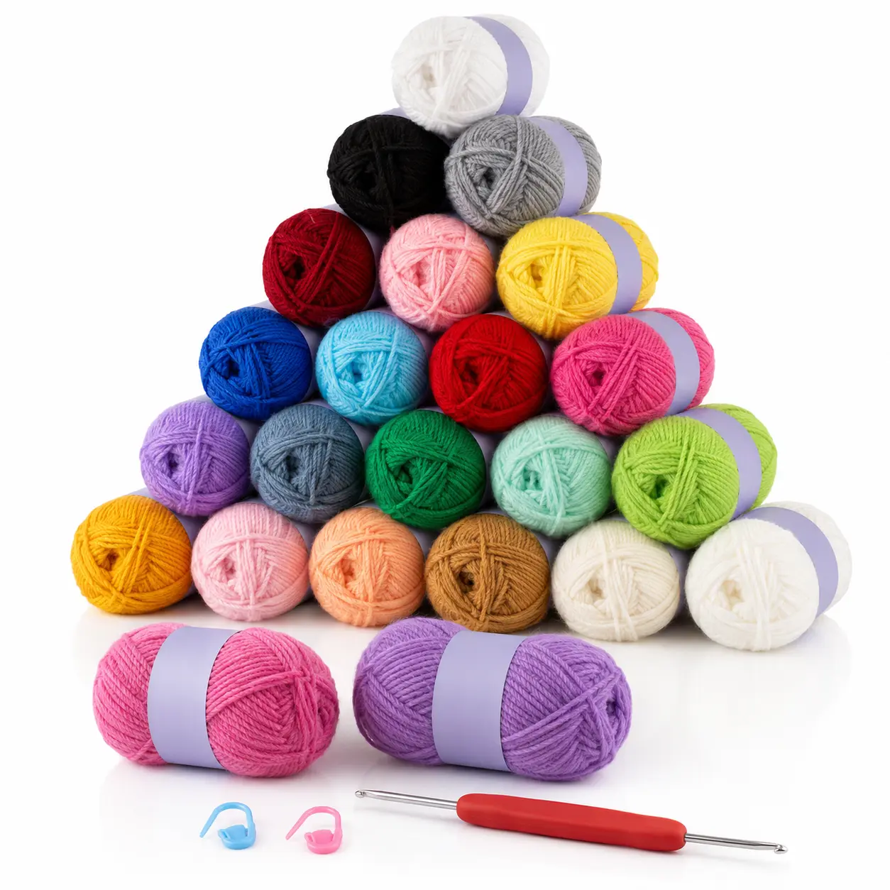 20-Skein Multicolor Yarn Pack, 500g/17.64oz Soft 100% Acrylic Yarn for Crochet & Knitting, Amigurumi & Granny Squares, with Hook & Stitch Markers