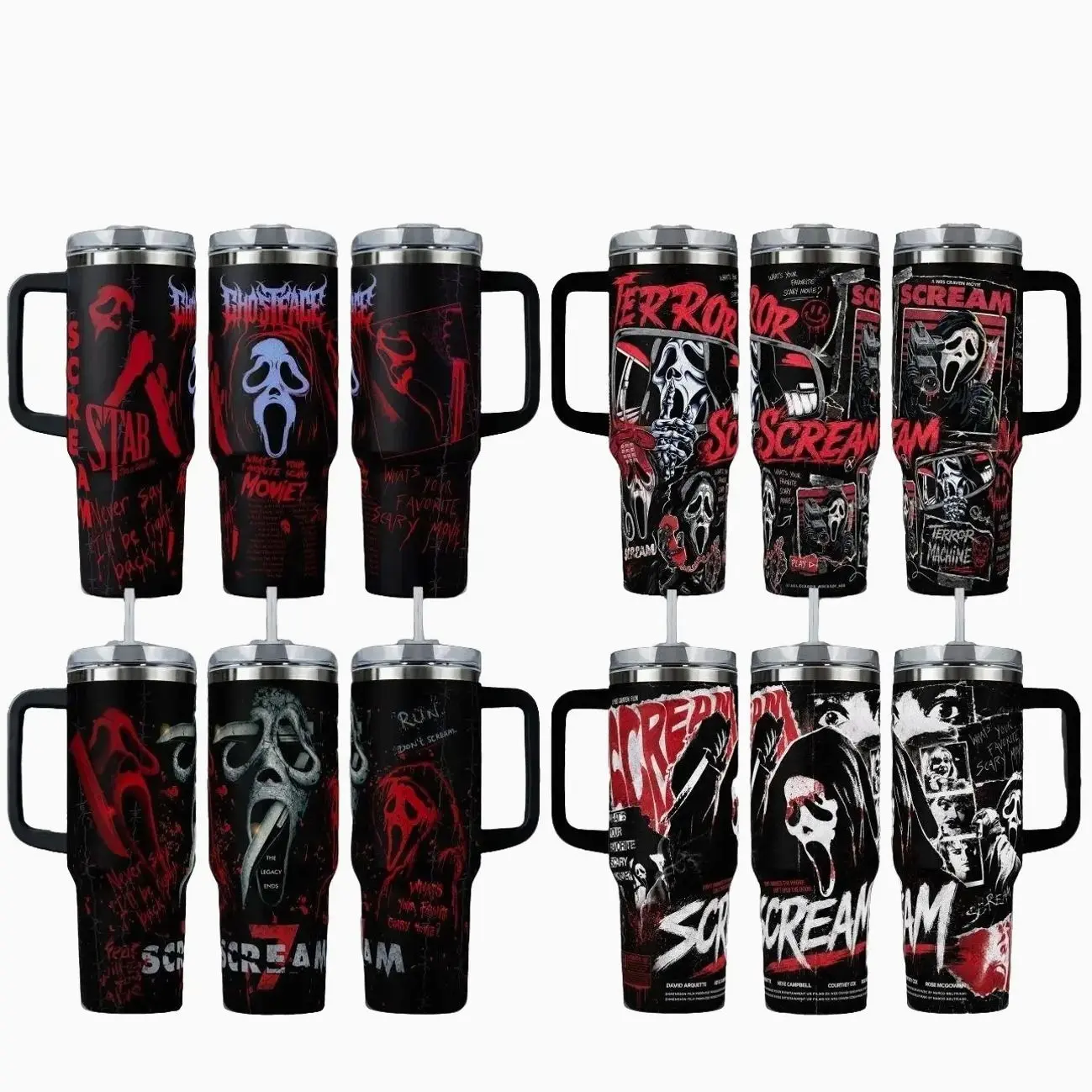 Scream Ghostface Tumbler Collection – Halloween Horror Slasher Movie Edition, What's Your Favorite Scary Movie? 40 20 oz Insulated Tumbler Stainless Steel Handle Straw Keeps Drinks Hot Cold Merch For Fans Drinkware Water Bottles Portable Bottled