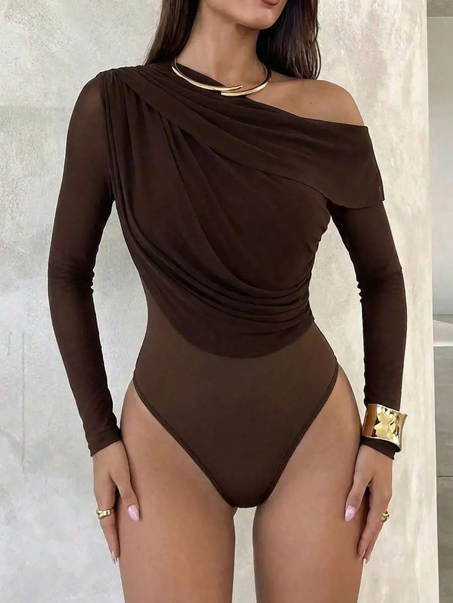 Velia x Aloruh Women's Mesh Dark Brown Ruched Bodysuit,Oblique Shoulder Long Sleeve Bodysuits,Chic Autumn Club Night Outfit,Summer Vacation Beach Outfits For Women