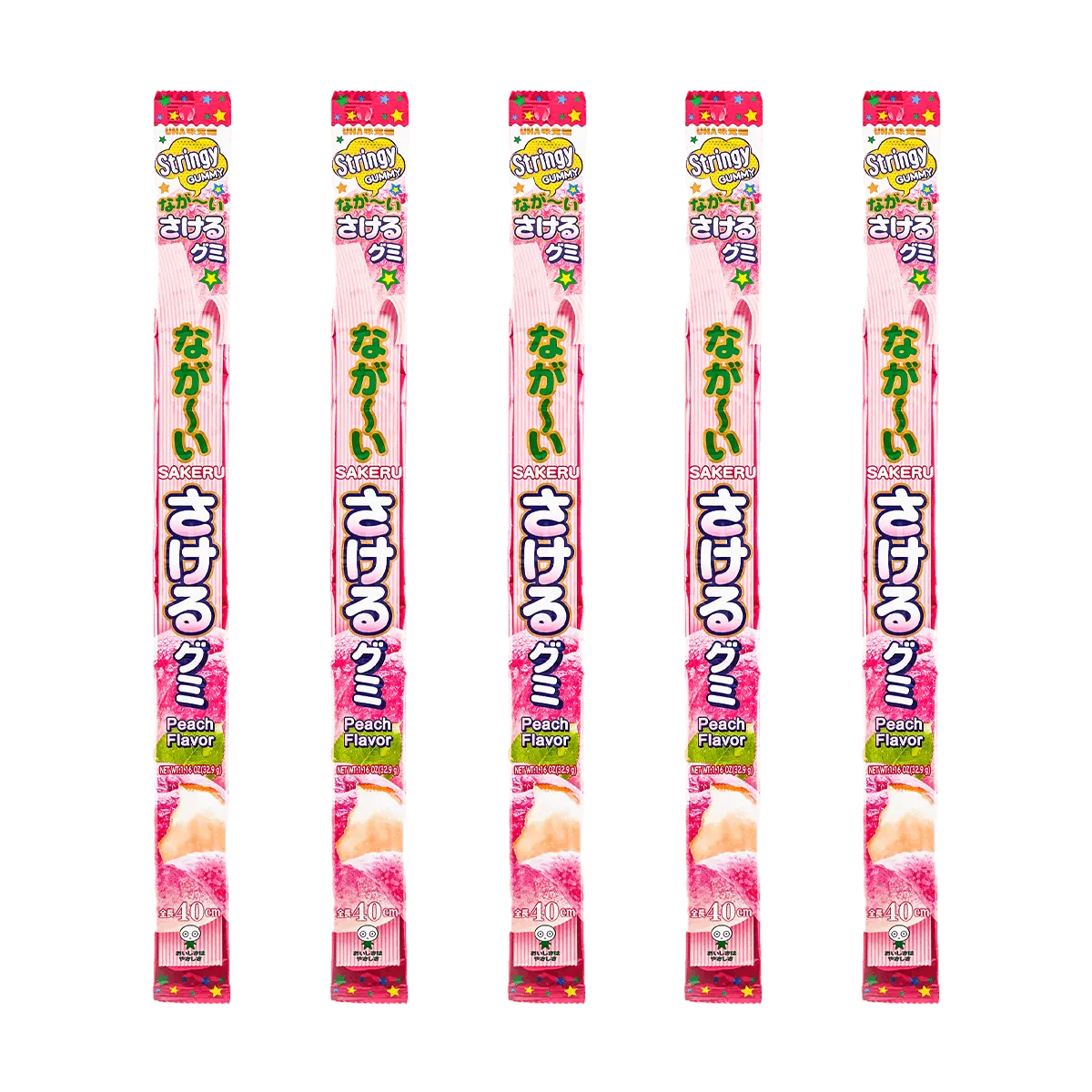 UHA Taste Lab Peach Fruit Gummy Chewy Candy Long Version 32g x 5 Packs - Japanese Snacks, Soft & Juicy