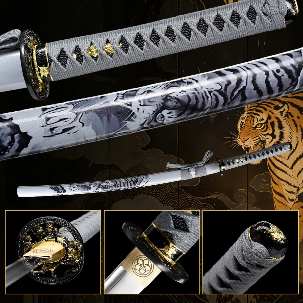 White Tiger Decorative Katana, Handmade Collectible Ornament Sword, Unsharpened Display Art Craft