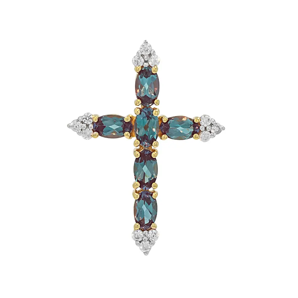 JTV Blue Lab Created Alexandrite 18K Yellow Gold Over Sterling Silver Cross Pendant 1.53ctw