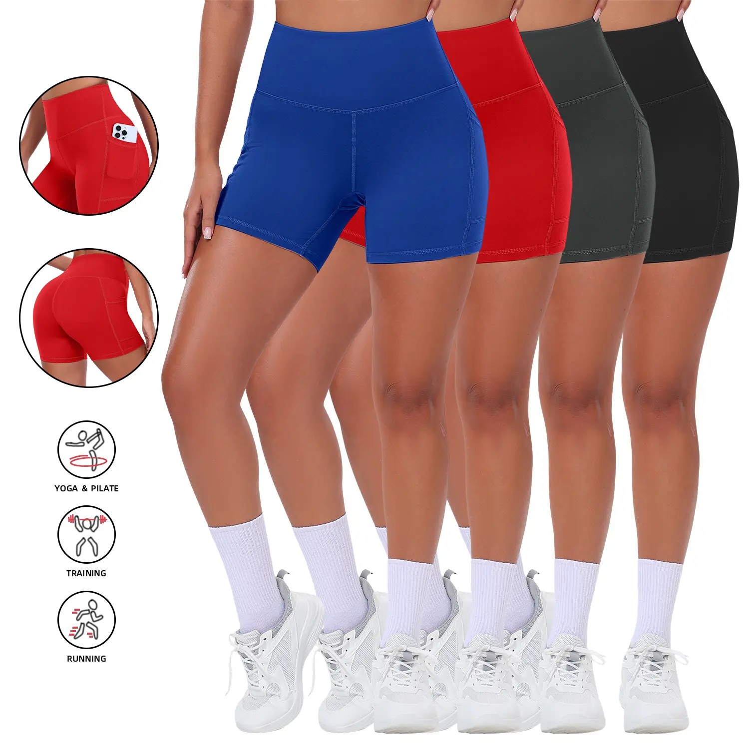 4 Packs Womens Biker Shorts with Pocket, High Waisted high elasticity Yoga shorts Tummy Control Spandex Workout Shorts fitness