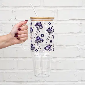 Retro Floral Boho Mushroom 40oz Glass Tumbler with Handle, Lid & Plastic and Glass Straws